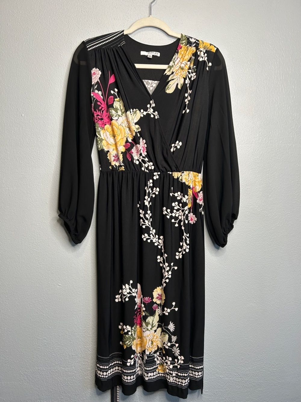 Studio One Black Floral Wrap-Style Midi Dress with Yellow & Pink Blooms. Size M